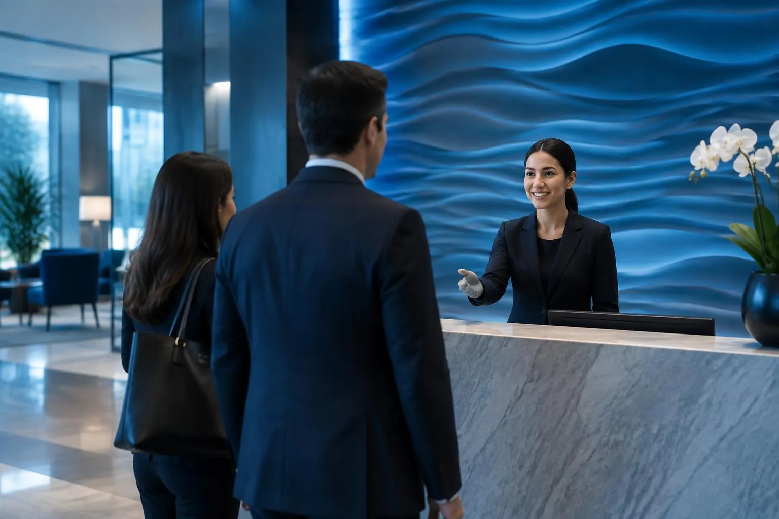 Reception team welcoming visitors to a Quantum Horizons office